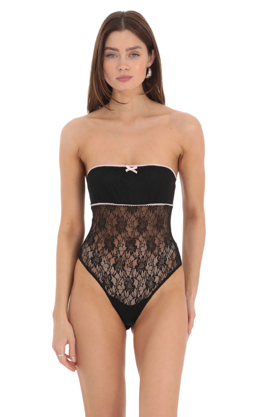 Product image for Strapless Lace Pink Accent Bodysuit in Black