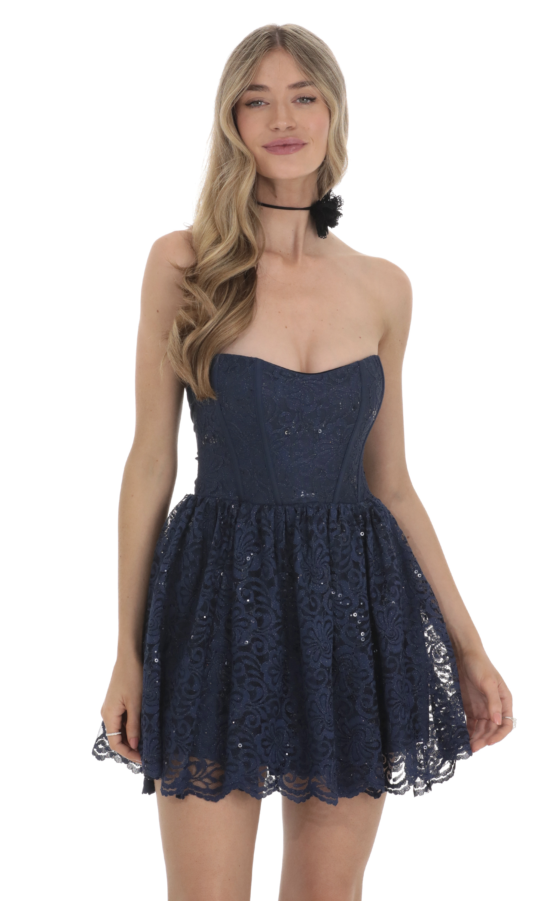 Lace Sequin Corset A-line Dress in Navy