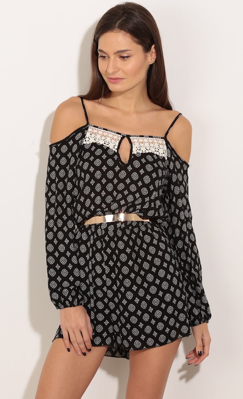 Picture Open Shoulder Patterned Romper In Black. Source: https://media-img.lucyinthesky.com/data/Jan16_1/850xAUTO/0Y5A2089.JPG