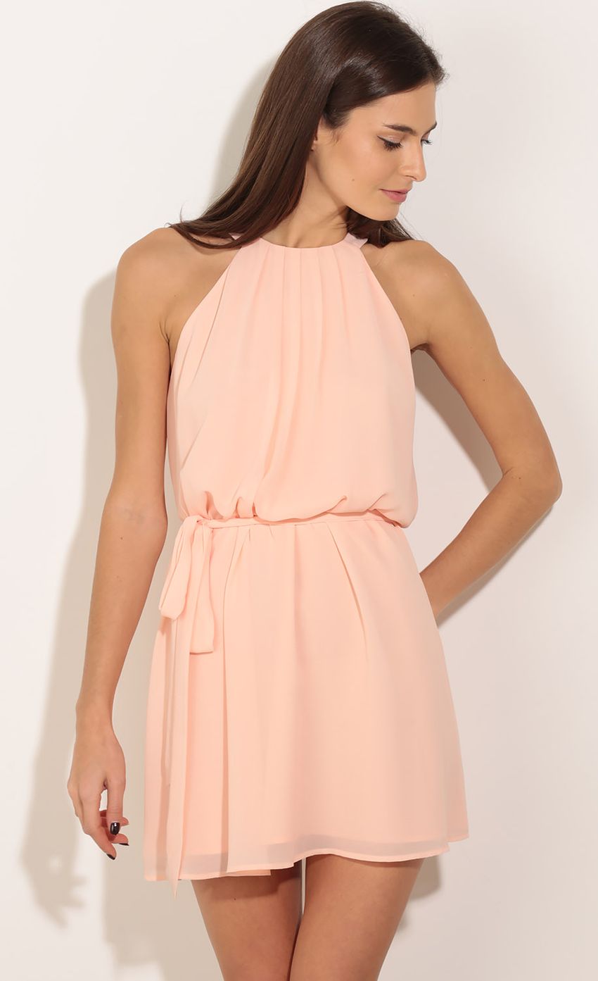 Picture Pleated Collar Halter Shift Dress In Peach. Source: https://media-img.lucyinthesky.com/data/Jan16_1/850xAUTO/0Y5A3305.JPG