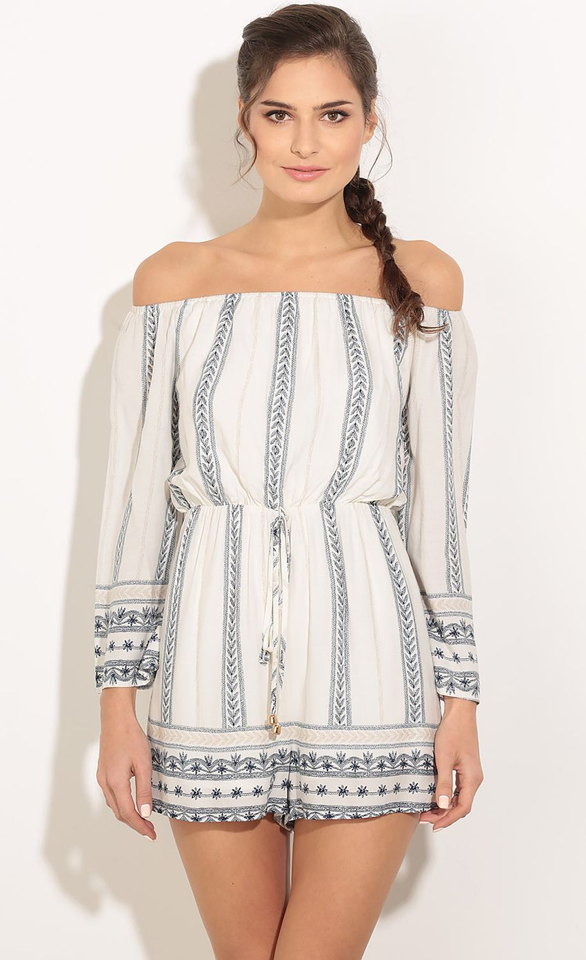 Picture Bohemian Stripe Waist Tie Playsuit In White. Source: https://media-img.lucyinthesky.com/data/Jan16_1/850xAUTO/0Y5A5768.JPG
