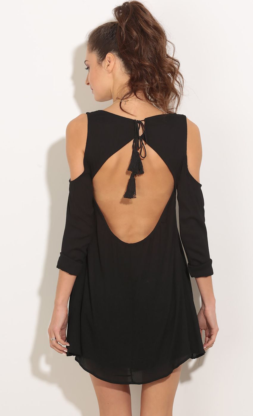 Picture Open Shoulder Tassel Shift Dress In Black. Source: https://media-img.lucyinthesky.com/data/Jan16_1/850xAUTO/0Y5A7611.JPG