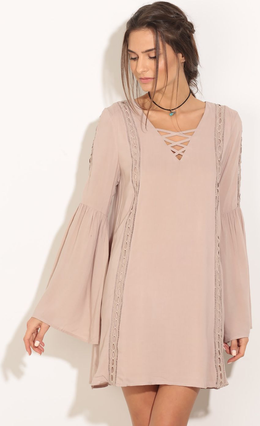 Picture Lace-Up Circle Crochet Shift Dress In Taupe. Source: https://media-img.lucyinthesky.com/data/Jan16_2/850xAUTO/0Y5A1112.JPG