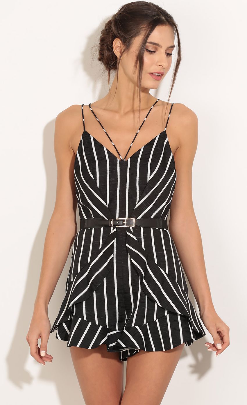Picture Strappy Stripe Flounce Romper In Black. Source: https://media-img.lucyinthesky.com/data/Jan16_2/850xAUTO/0Y5A2194.JPG