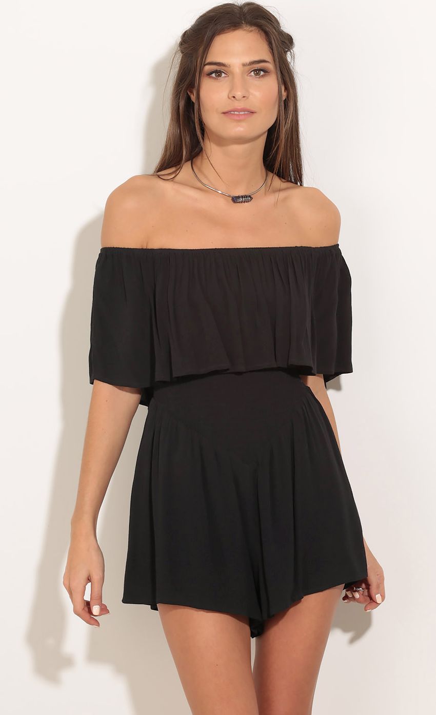 Picture Off The Shoulder Romper In Black. Source: https://media-img.lucyinthesky.com/data/Jan16_2/850xAUTO/0Y5A3684.JPG