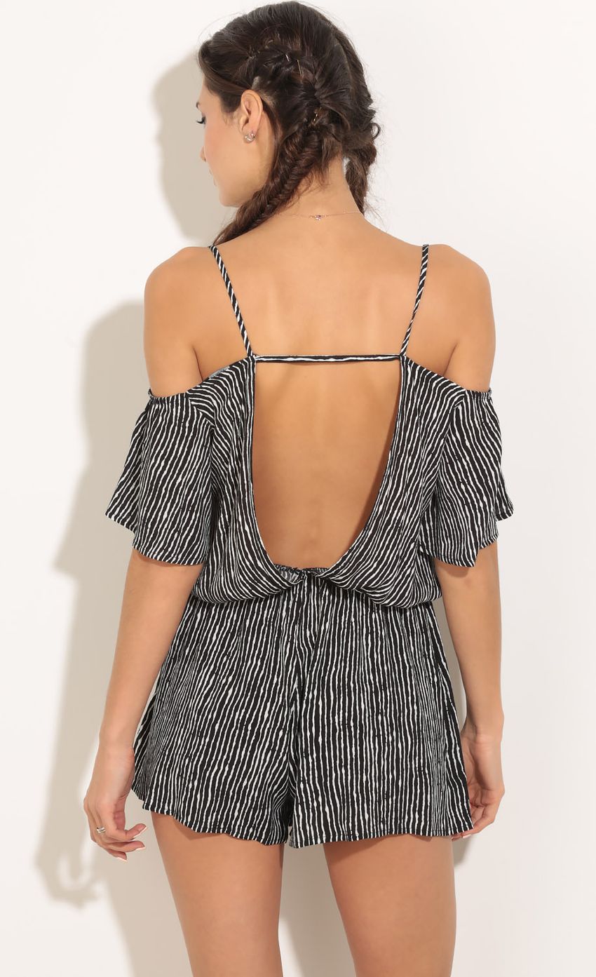 Picture Open Shoulder Stripe Romper In Black. Source: https://media-img.lucyinthesky.com/data/Jan16_2/850xAUTO/0Y5A5990.JPG