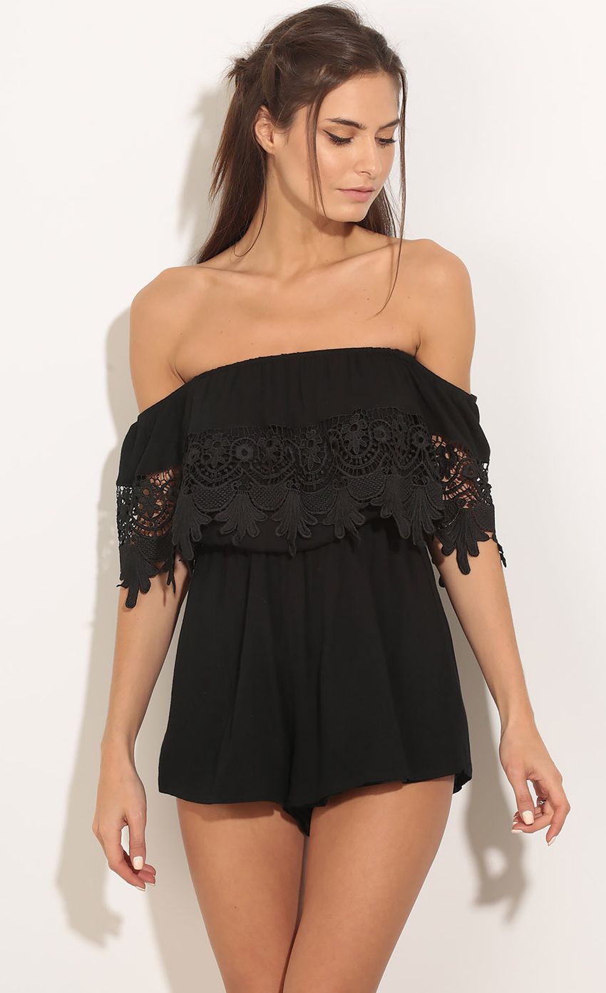 Picture Off The Shoulder Lace Romper In Black. Source: https://media-img.lucyinthesky.com/data/Jan16_2/850xAUTO/0Y5A6323.JPG