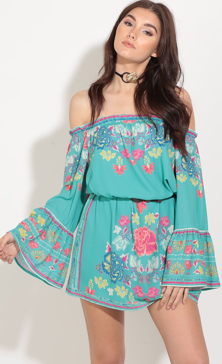 Picture Off The Shoulder Floral Print Dress In Teal. Source: https://media-img.lucyinthesky.com/data/Jan17_1/850xAUTO/0Y5A2319.JPG