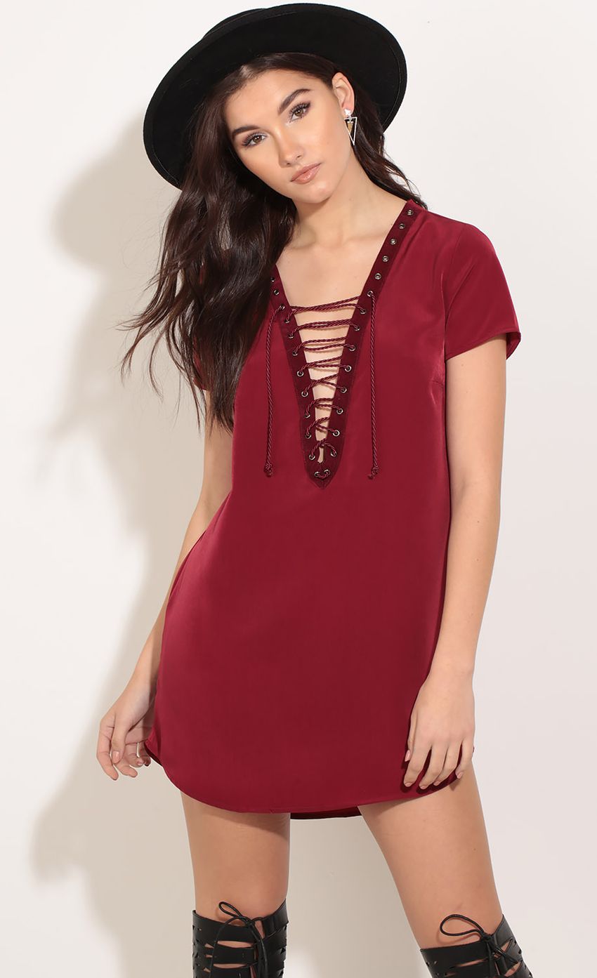 Picture Lace-Up Dress In Wine. Source: https://media-img.lucyinthesky.com/data/Jan17_1/850xAUTO/0Y5A2902.JPG