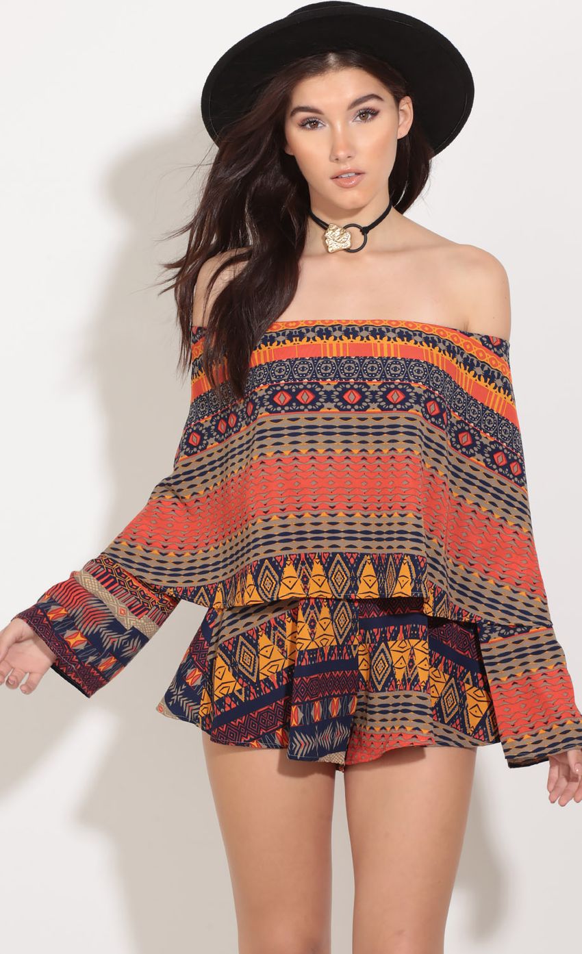 Picture Layered Tribal Print Romper In Tangerine. Source: https://media-img.lucyinthesky.com/data/Jan17_1/850xAUTO/0Y5A5140.JPG