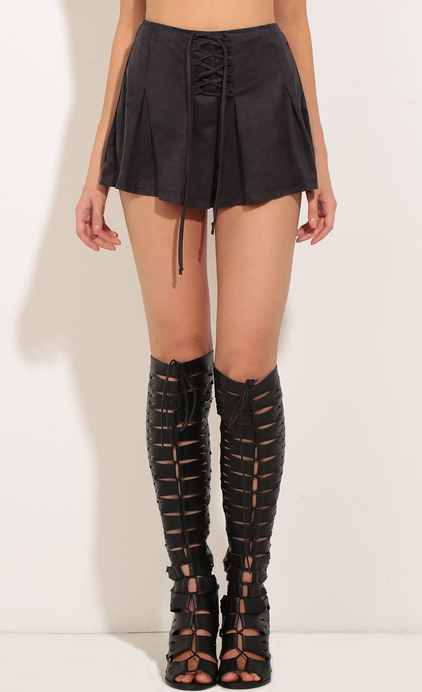 Picture Suede Lace Up Shorts In Black. Source: https://media-img.lucyinthesky.com/data/Jan17_2/850xAUTO/0Y5A9064.JPG