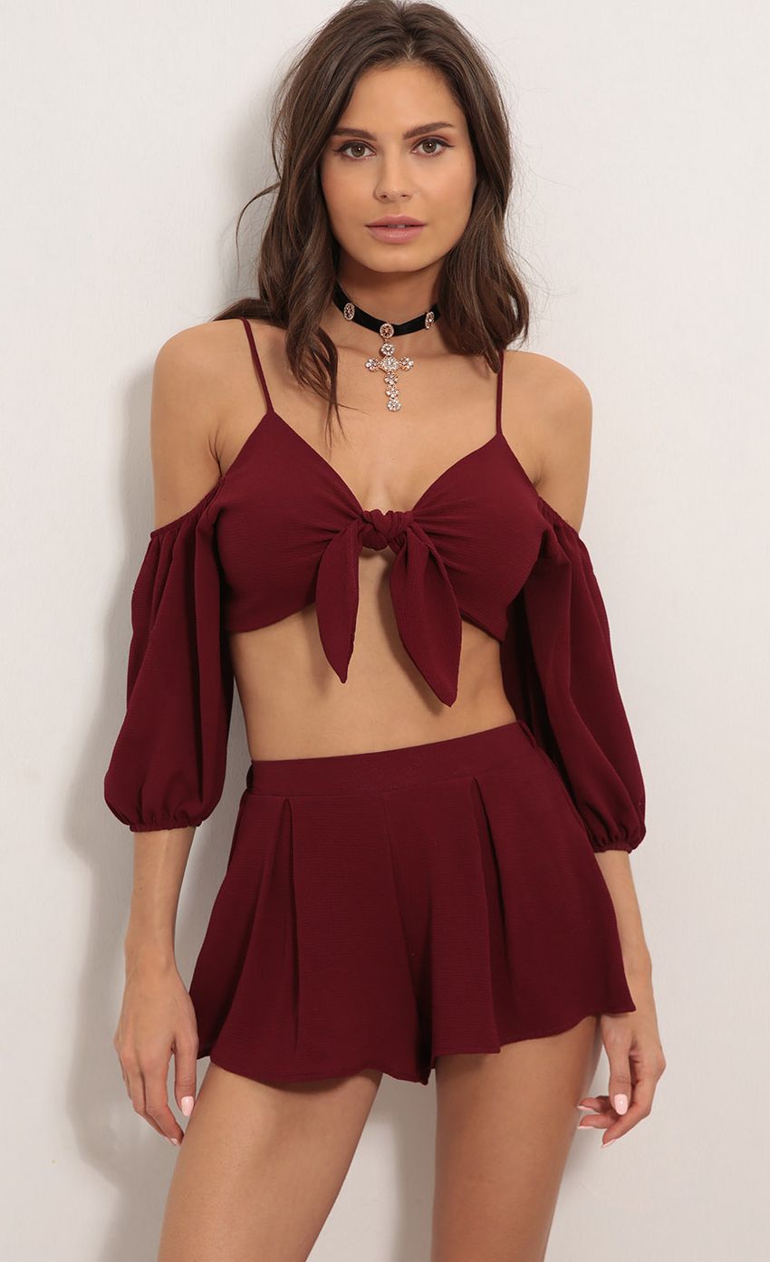 Picture Malibu Front Tie Two Piece Set in Burgundy. Source: https://media-img.lucyinthesky.com/data/Jan18_1/850xAUTO/0Y5A8212.JPG