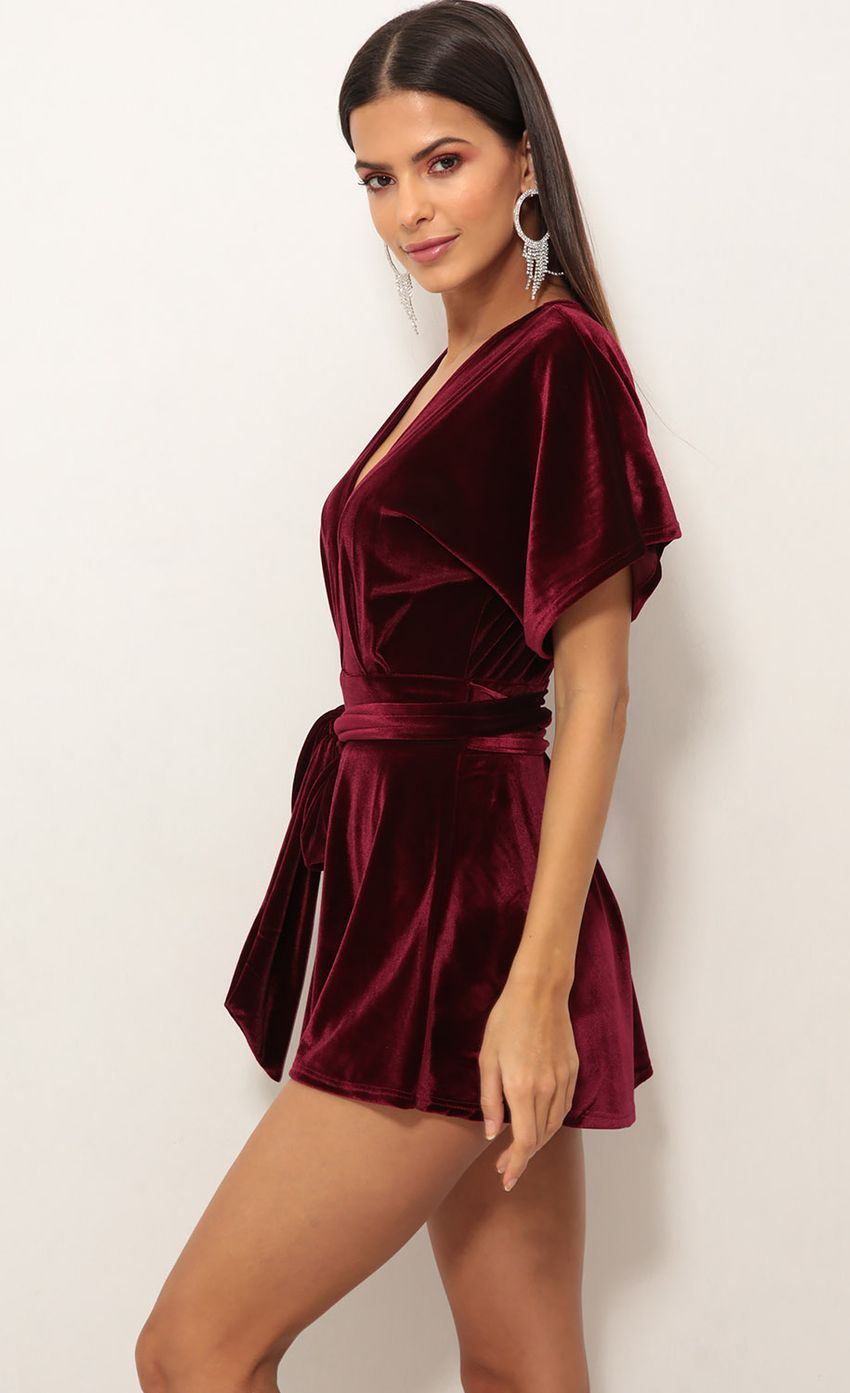Picture Feeling The Night Velvet Romper In Wine. Source: https://media-img.lucyinthesky.com/data/Jan19_1/850xAUTO/0Y5A7721.JPG