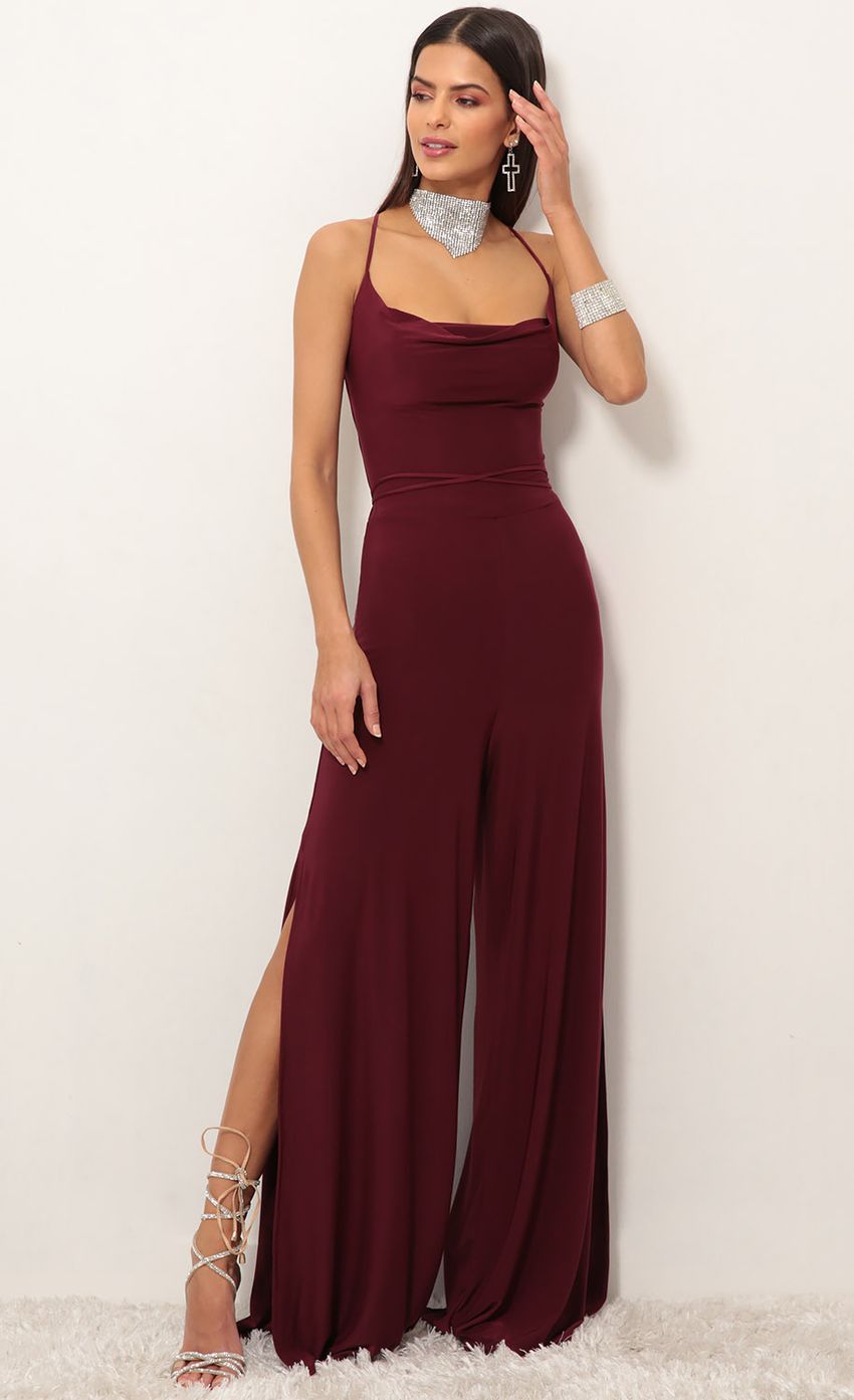 Picture Eliana Cowl Neck Jumpsuit in Burgundy. Source: https://media-img.lucyinthesky.com/data/Jan19_1/850xAUTO/0Y5A9032.JPG