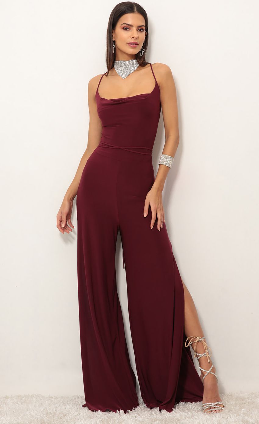 Picture Eliana Cowl Neck Jumpsuit in Burgundy. Source: https://media-img.lucyinthesky.com/data/Jan19_1/850xAUTO/0Y5A9044.JPG