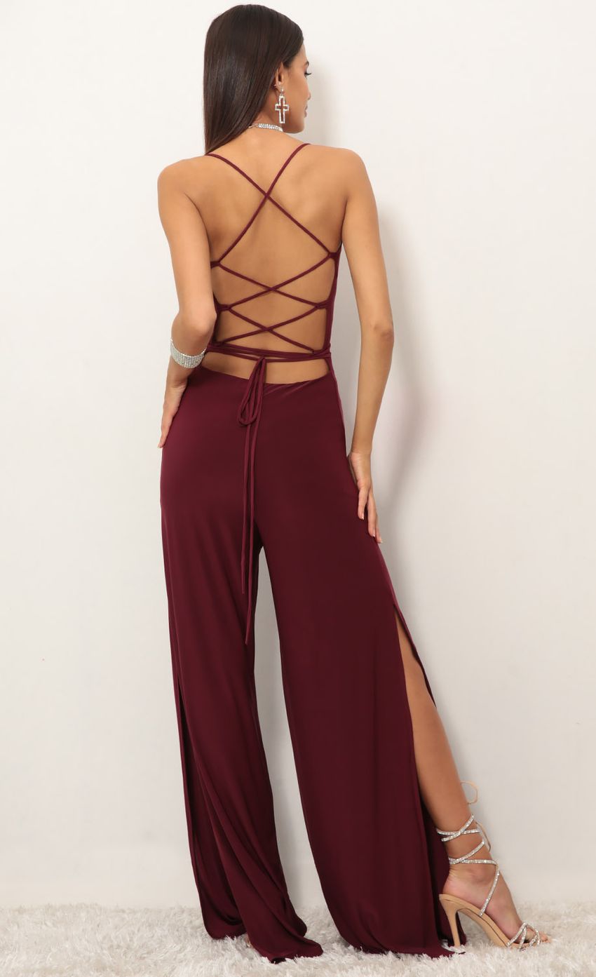 Picture Eliana Cowl Neck Jumpsuit in Burgundy. Source: https://media-img.lucyinthesky.com/data/Jan19_1/850xAUTO/0Y5A9072.JPG