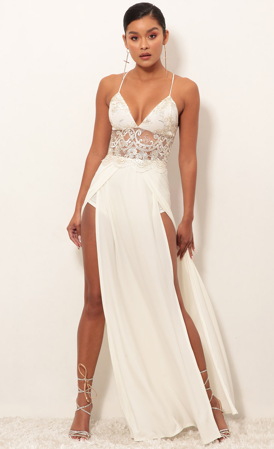 Tulum Lace Maxi Dress in Ivory Gold