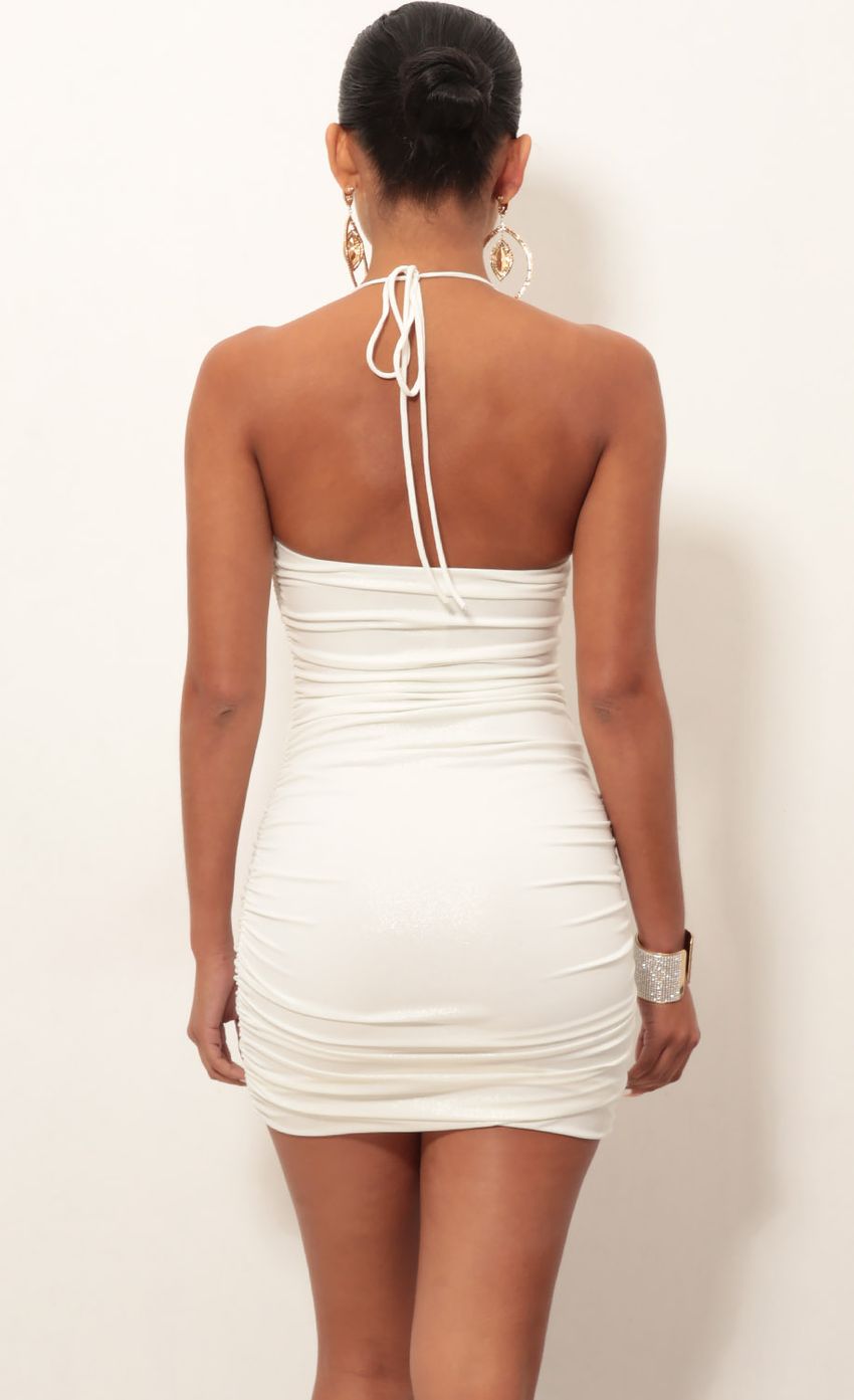 Picture Finest Hour Ruched Dress in Ivory Gold. Source: https://media-img.lucyinthesky.com/data/Jan19_2/850xAUTO/0Y5A2351.JPG