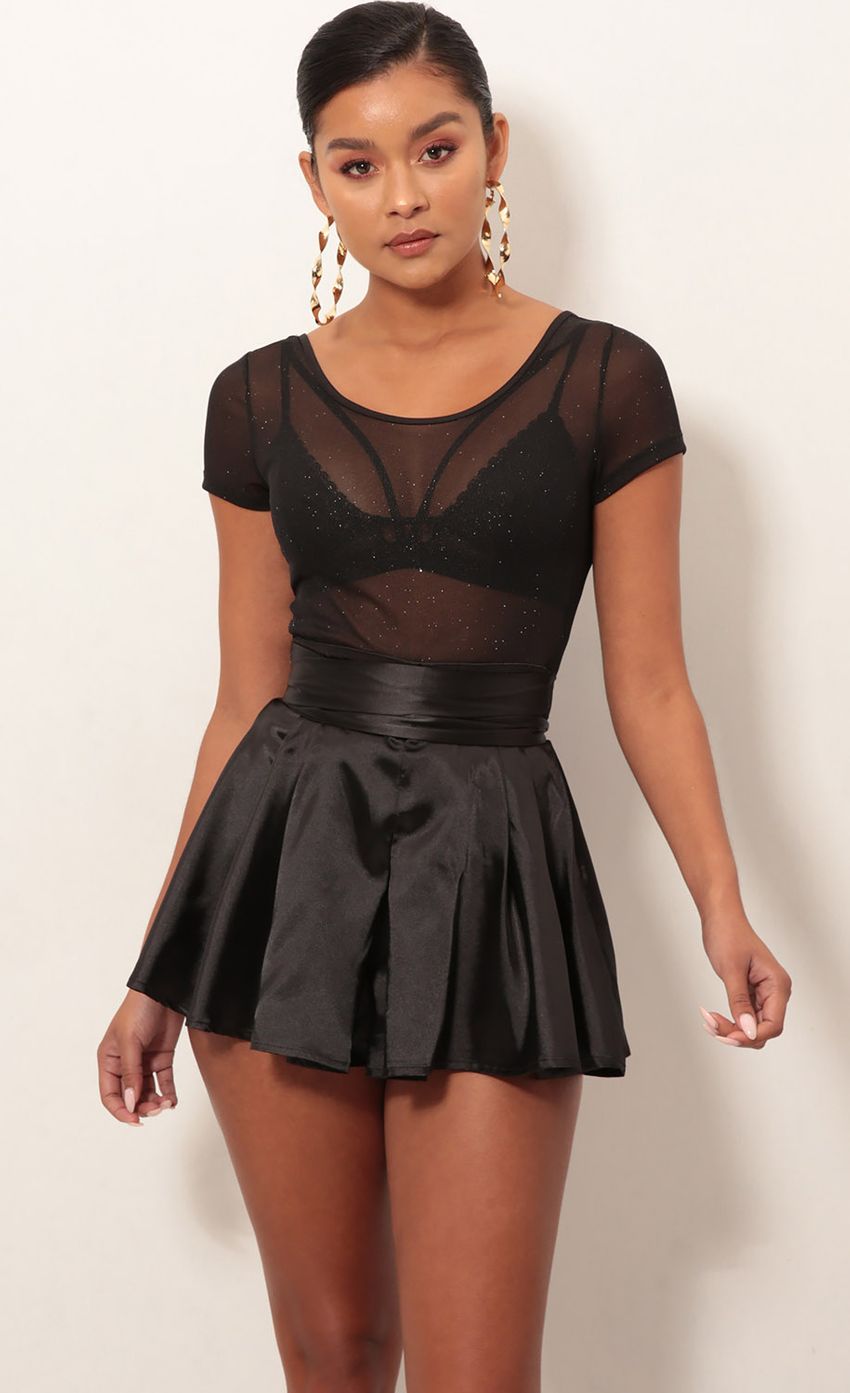 Picture Shimmer Mesh Scoop-neck Romper In Black Satin. Source: https://media-img.lucyinthesky.com/data/Jan19_2/850xAUTO/0Y5A2501S.JPG