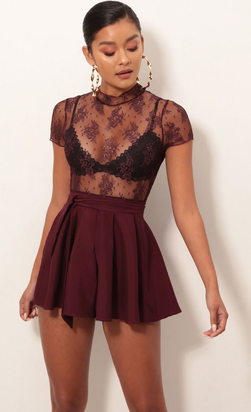 Picture Pleated Shimmer Lace Romper In Plum. Source: https://media-img.lucyinthesky.com/data/Jan19_2/850xAUTO/0Y5A2544S.JPG
