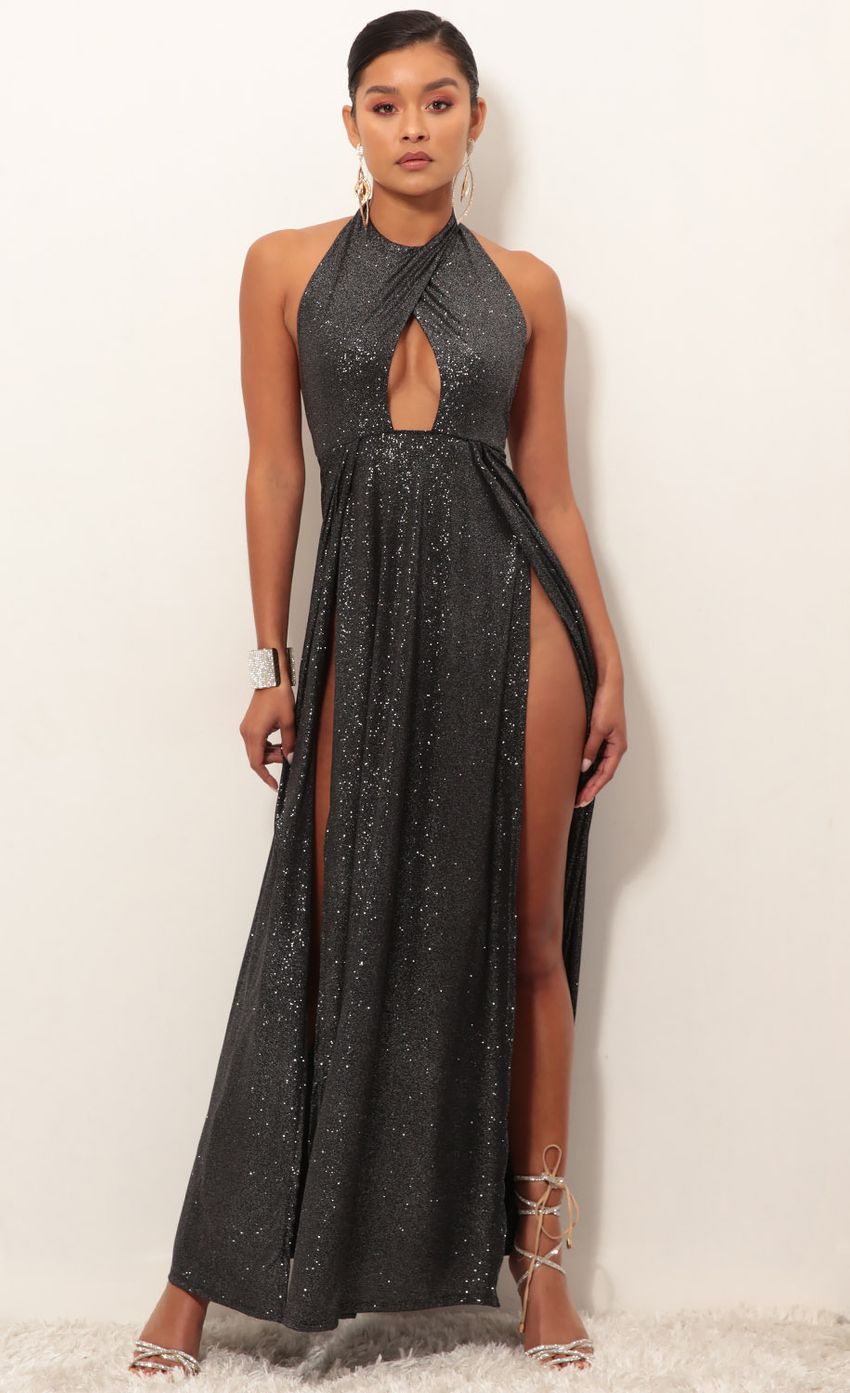 Picture Halsey Halter Maxi Dress in Black Diamond. Source: https://media-img.lucyinthesky.com/data/Jan19_2/850xAUTO/0Y5A3071.JPG