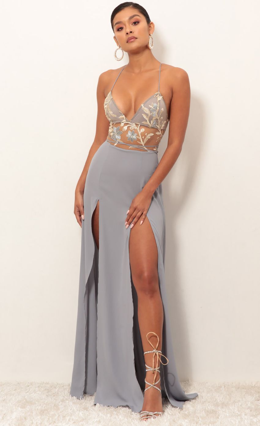 Picture Gold Lace Maxi Dress in Grey. Source: https://media-img.lucyinthesky.com/data/Jan19_2/850xAUTO/0Y5A3174.JPG