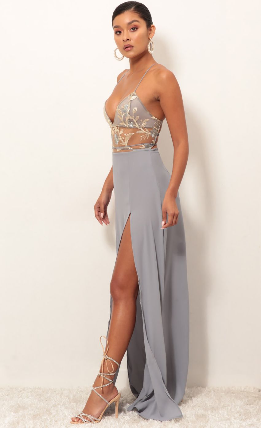 Picture Gold Lace Maxi Dress in Grey. Source: https://media-img.lucyinthesky.com/data/Jan19_2/850xAUTO/0Y5A3182.JPG