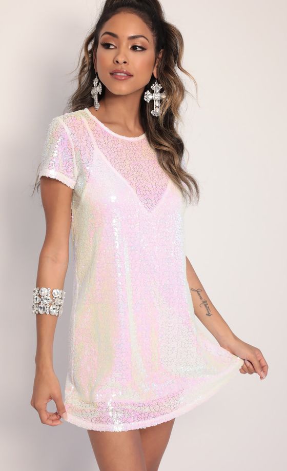 Sequin Shift Dress in White Iridescence