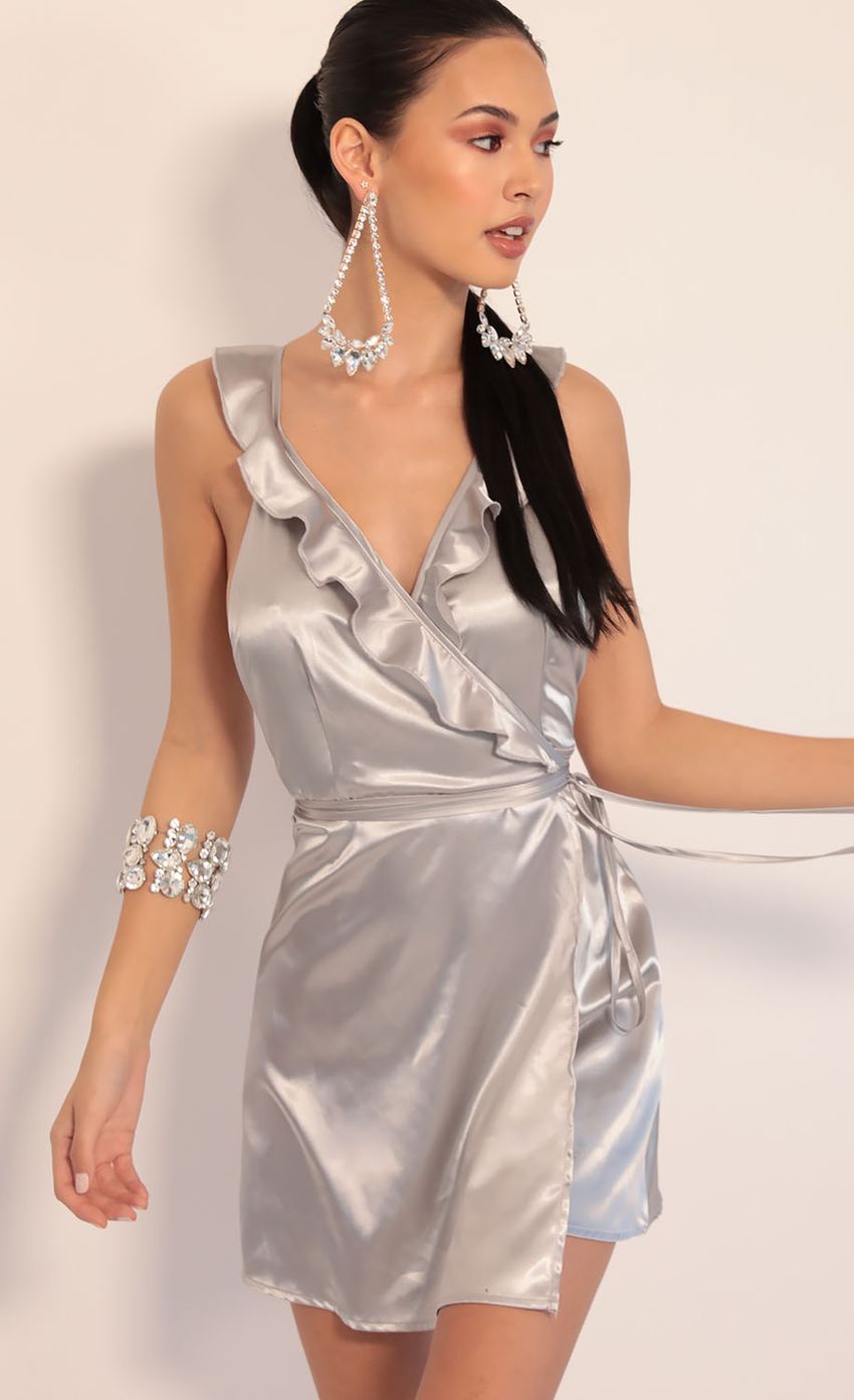 Picture Saturday Satin Frill Dress in Silver. Source: https://media-img.lucyinthesky.com/data/Jan20_1/850xAUTO/781A0000.JPG