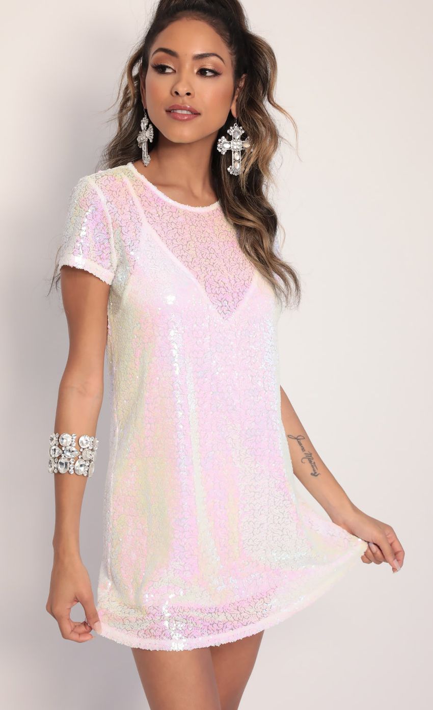 Picture Sequin Shift Dress in White Iridescence. Source: https://media-img.lucyinthesky.com/data/Jan20_1/850xAUTO/781A0188.JPG