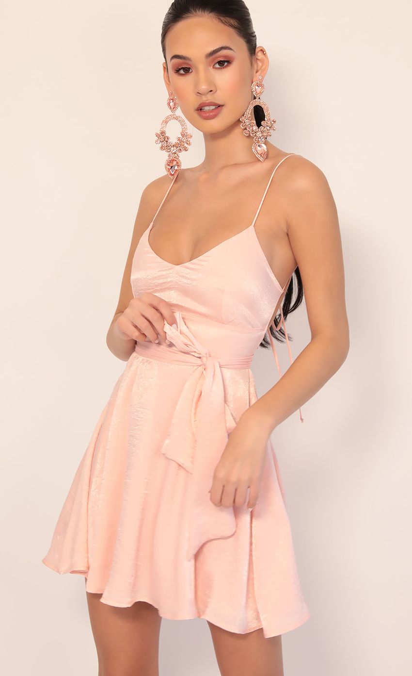 Picture Quinn Satin Tie A-line Dress in Blush. Source: https://media-img.lucyinthesky.com/data/Jan20_1/850xAUTO/781A0650.JPG