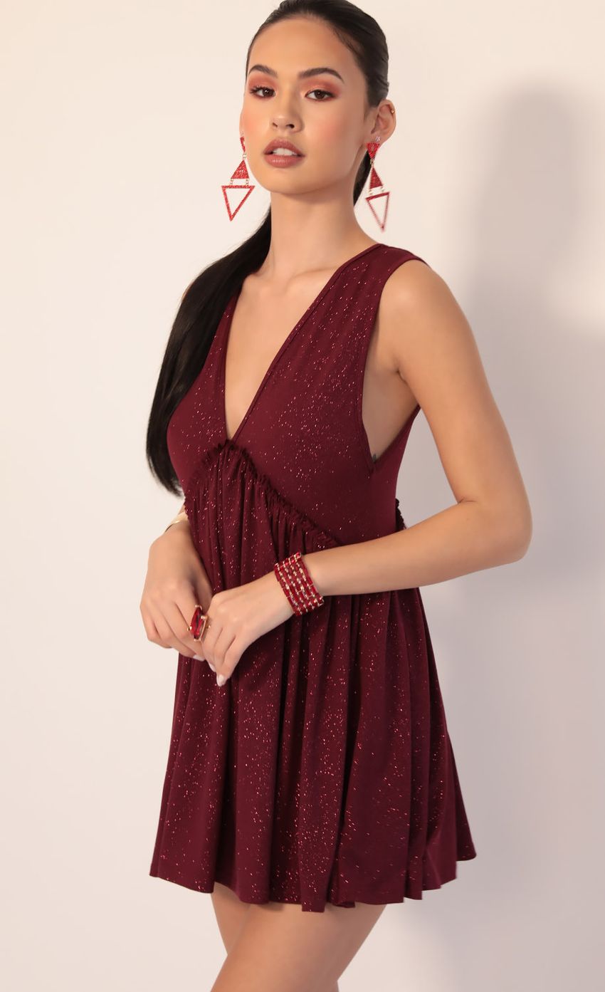 Picture Lover Plunge A-line Dress in Sparkling Burgundy. Source: https://media-img.lucyinthesky.com/data/Jan20_1/850xAUTO/781A1838.JPG