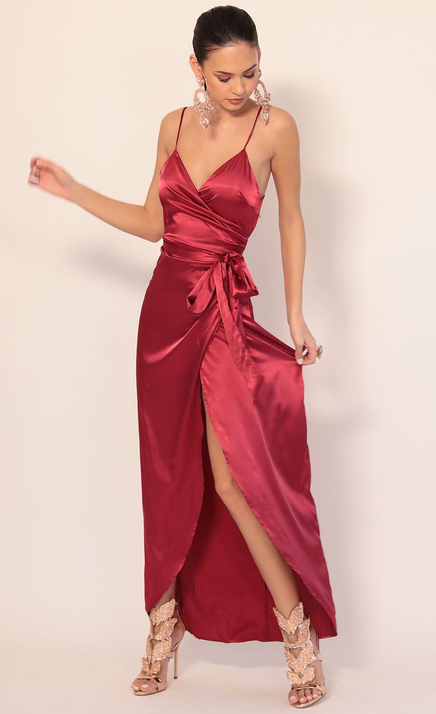 Picture Pleated Satin Maxi Dress in Merlot. Source: https://media-img.lucyinthesky.com/data/Jan20_1/850xAUTO/781A3018.JPG