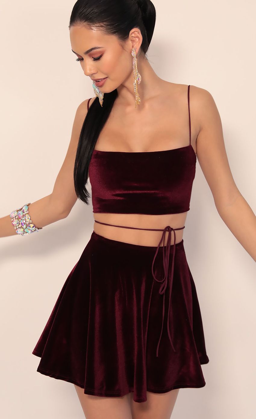 Picture Kyra Velvet A-line Set in Wine. Source: https://media-img.lucyinthesky.com/data/Jan20_1/850xAUTO/781A4746.JPG