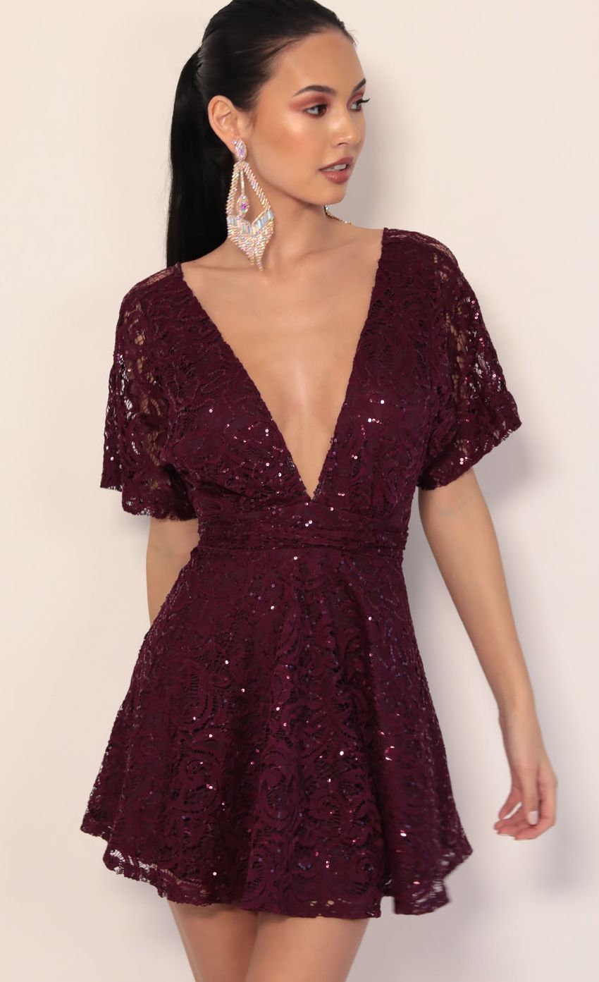 Picture Feeling the Night Sequin Lace Dress in Purple. Source: https://media-img.lucyinthesky.com/data/Jan20_1/850xAUTO/781A5250.JPG