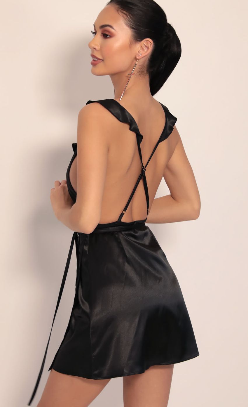 Picture Saturday Satin Frill Dress in Black. Source: https://media-img.lucyinthesky.com/data/Jan20_1/850xAUTO/781A5636.JPG