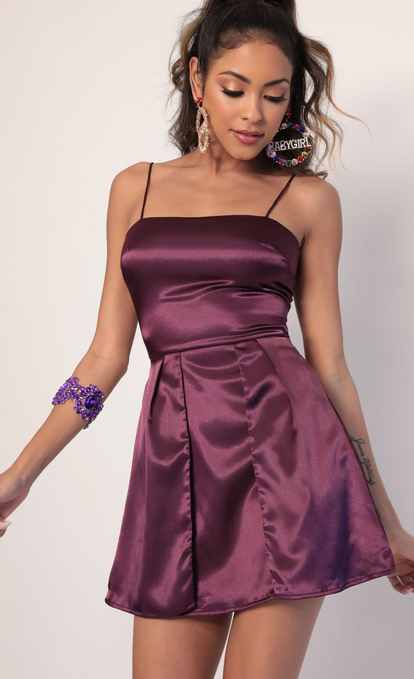 Picture High Slit Satin Dress in Plum. Source: https://media-img.lucyinthesky.com/data/Jan20_1/850xAUTO/781A9858.JPG