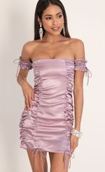 Picture Elaina Satin Ruched Puff Sleeve Dress. Source: https://media-img.lucyinthesky.com/data/Jan20_2/150xAUTO/781A5025.JPG