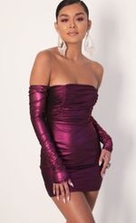 Picture Brenna Off Shoulder Mesh Dress in Purple. Source: https://media-img.lucyinthesky.com/data/Jan20_2/150xAUTO/781A6784.JPG