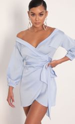 Picture Lorella Off Shoulder Wrap Dress in Mint. Source: https://media-img.lucyinthesky.com/data/Jan20_2/150xAUTO/781A7138.JPG