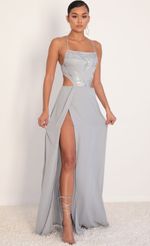 Picture Paris Silver Sequin Lace Maxi Dress in Grey. Source: https://media-img.lucyinthesky.com/data/Jan20_2/150xAUTO/781A9925.JPG