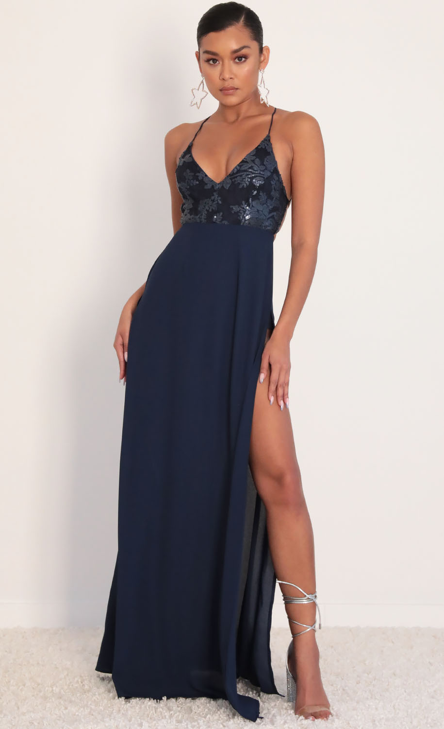 Sequin Lace Maxi Dress in Navy