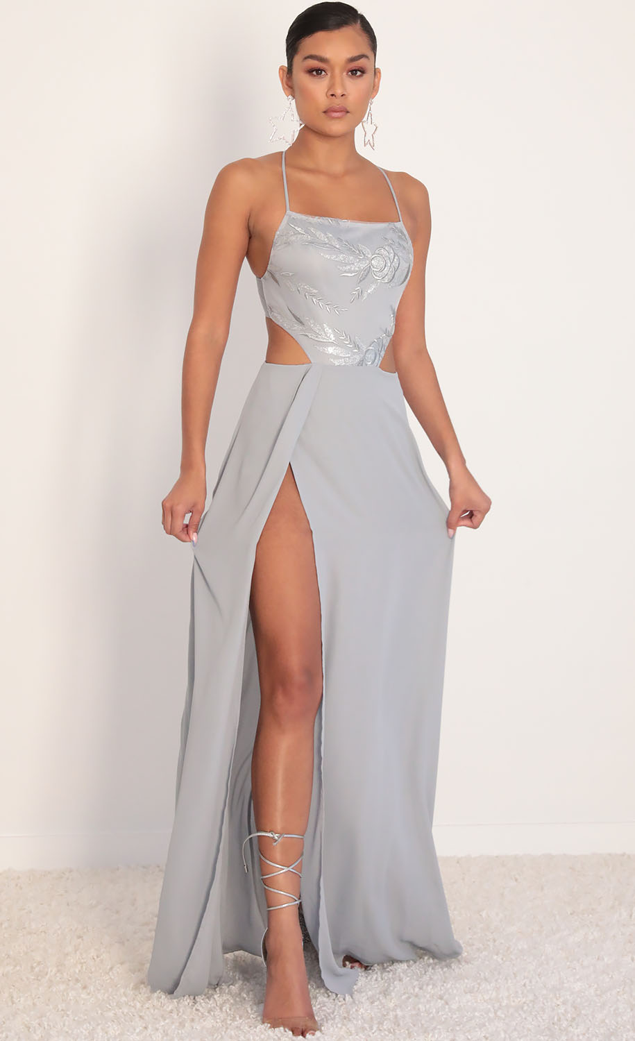 Paris Silver Sequin Lace Maxi Dress in Grey