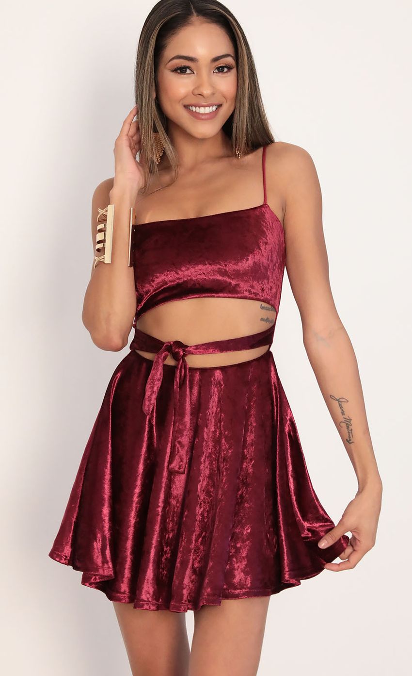 Picture Perrie Velvet A-line Dress in Merlot. Source: https://media-img.lucyinthesky.com/data/Jan20_2/850xAUTO/781A0009.JPG