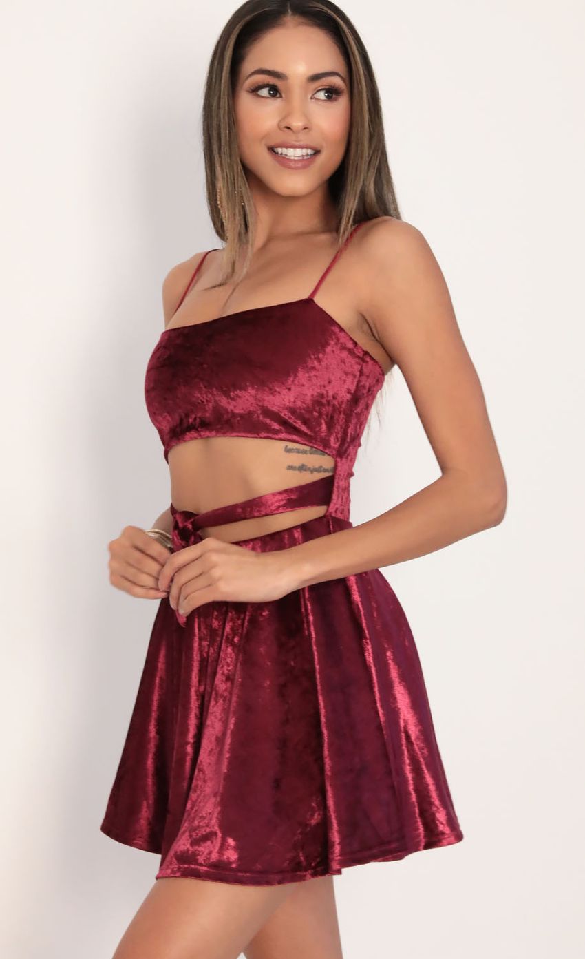 Picture Perrie Velvet A-line Dress in Merlot. Source: https://media-img.lucyinthesky.com/data/Jan20_2/850xAUTO/781A00191.JPG