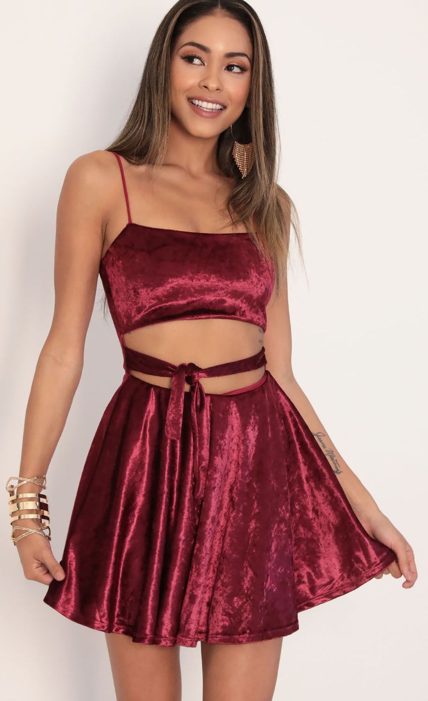 Picture Perrie Velvet A-line Dress in Merlot. Source: https://media-img.lucyinthesky.com/data/Jan20_2/850xAUTO/781A0064.JPG