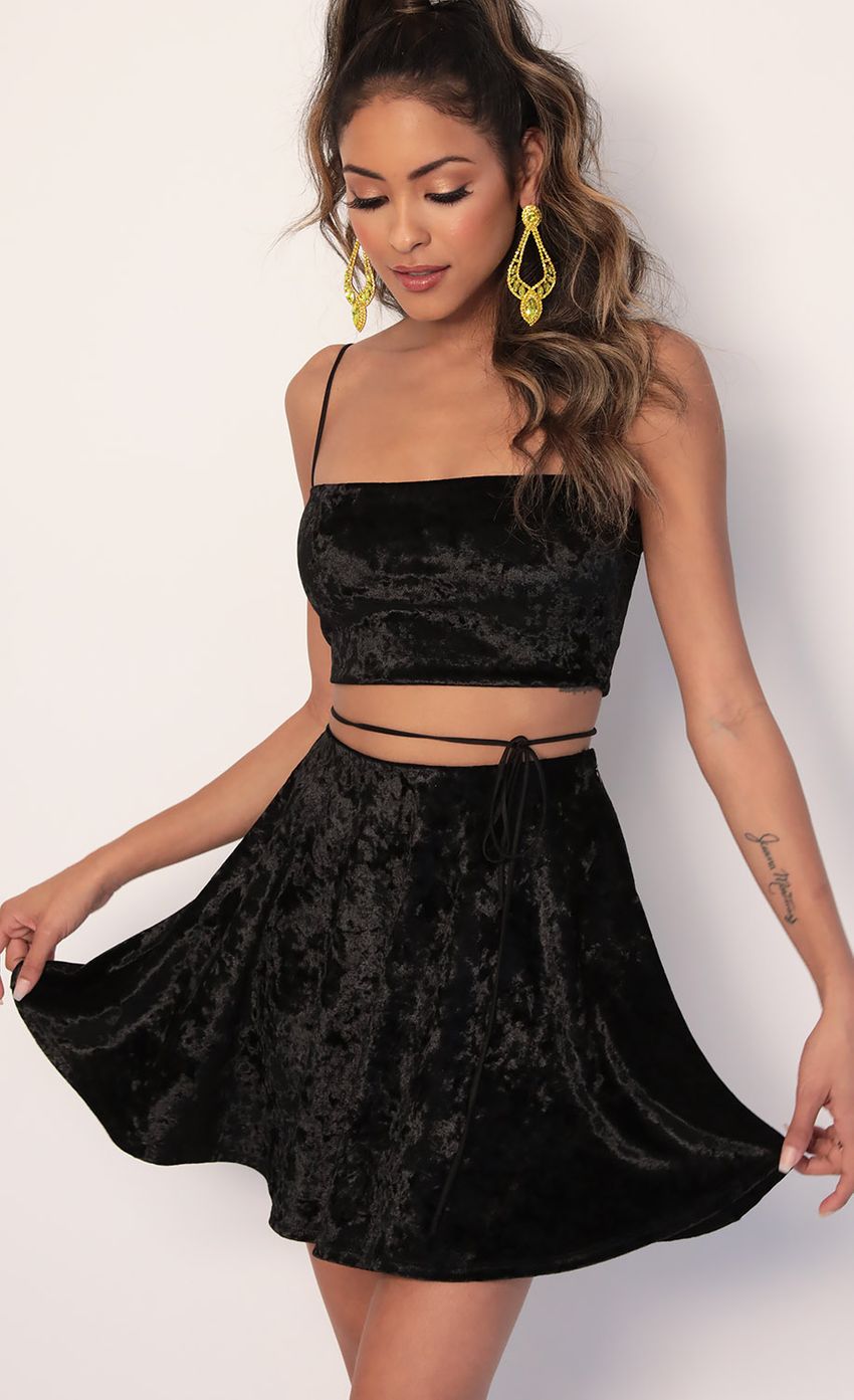 Picture Kyra Crushed Velvet A-line Set in Black. Source: https://media-img.lucyinthesky.com/data/Jan20_2/850xAUTO/781A2058.JPG