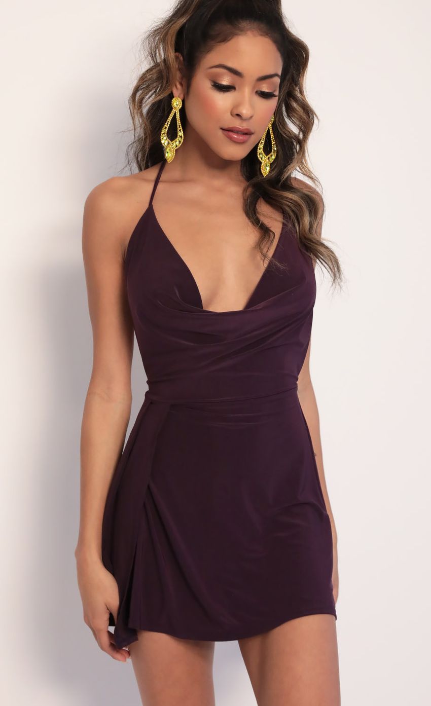 Picture Kiana Cowl Neck Dress in Plum. Source: https://media-img.lucyinthesky.com/data/Jan20_2/850xAUTO/781A2217.JPG