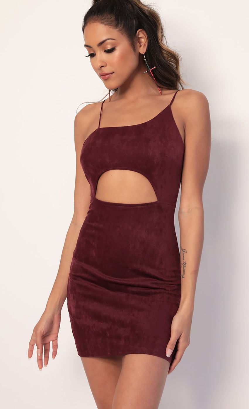 Picture Illusion Suede Cutout Dress in Burgundy. Source: https://media-img.lucyinthesky.com/data/Jan20_2/850xAUTO/781A3073.JPG