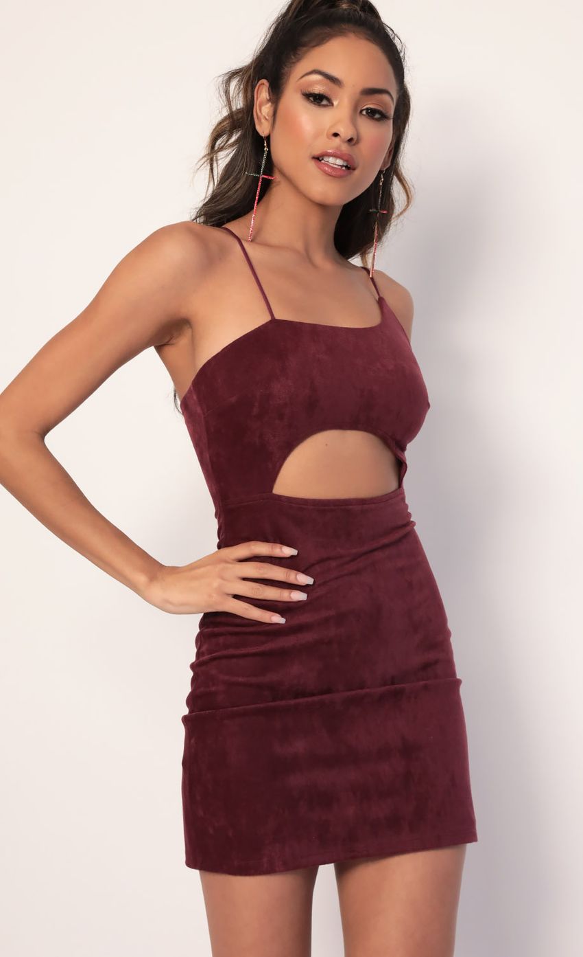 Picture Illusion Suede Cutout Dress in Burgundy. Source: https://media-img.lucyinthesky.com/data/Jan20_2/850xAUTO/781A3106.JPG
